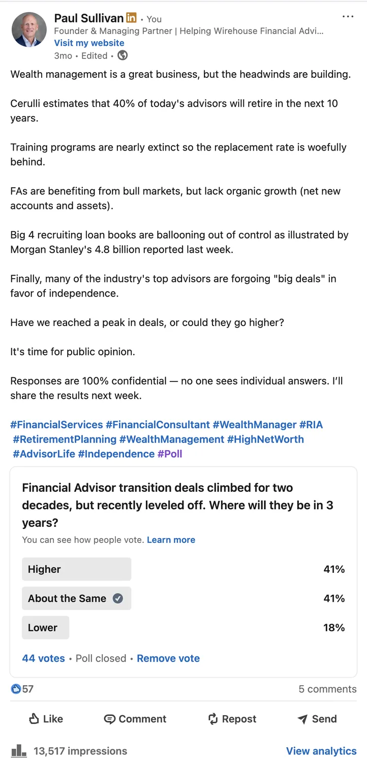LinkedIn poll post — advisor transition deals