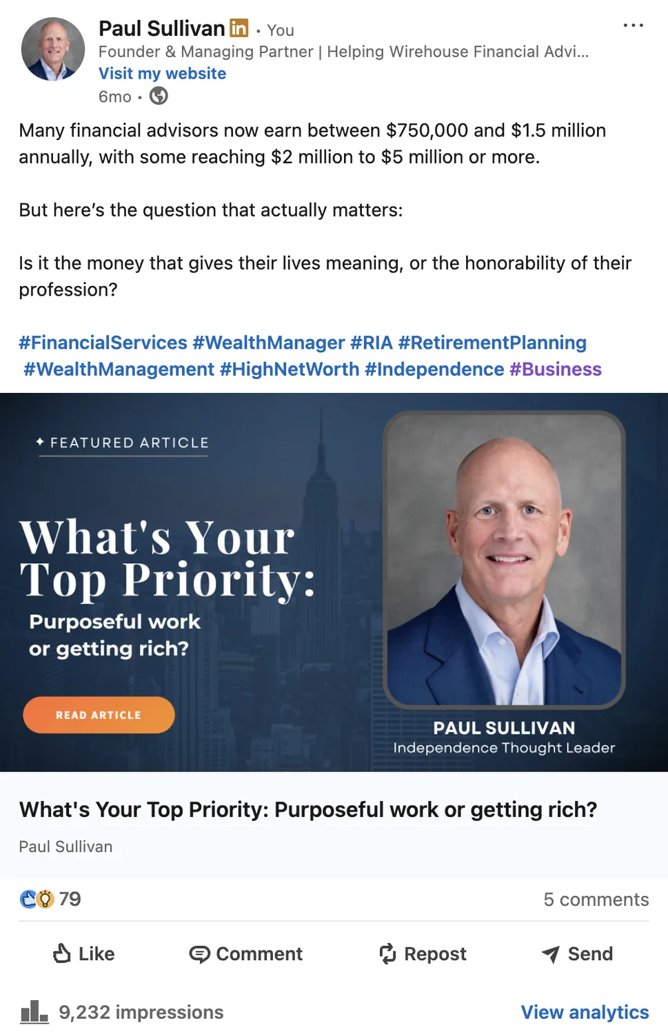 LinkedIn editorial post — purposeful work or getting rich
