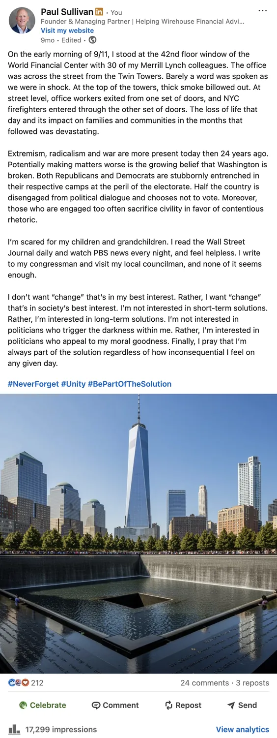 LinkedIn 9/11 reflection post