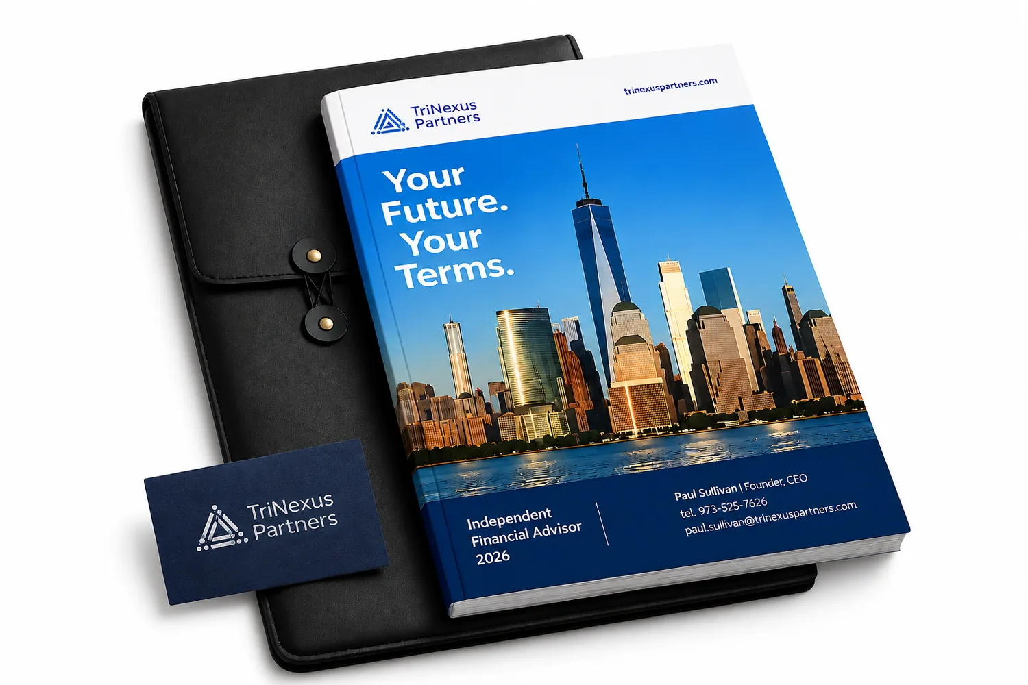 TriNexus pitchbook cover with leather portfolio and business card