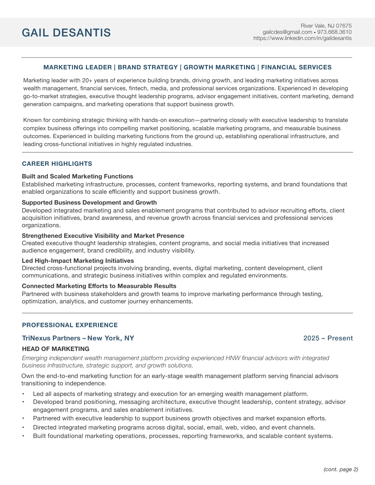 Gail DeSantis résumé, page 1